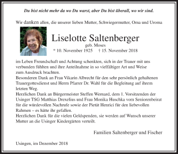 Traueranzeige von Liselotte Saltenberger von 564 Usinger Anzeiger