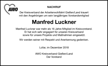 Traueranzeige von Manfred Luckner von 560 Gießener Anzeiger
