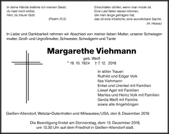 Traueranzeige von Margarete Viehmann von 560 Gießener Anzeiger