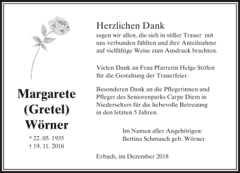 Traueranzeige von Margarete Wörner von 582 Camberger Anzeiger