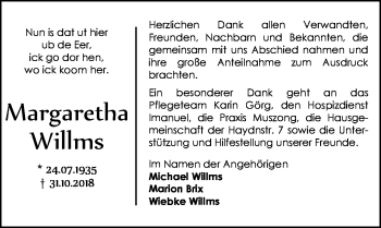 Traueranzeige von Margaretha Willms von 205 HA - Hinterländer Anzeiger (130)