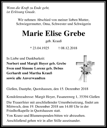 Traueranzeige von Marie Elise Grebe von 205 HA - Hinterländer Anzeiger (130)