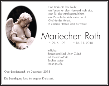 Traueranzeige von Mariechen Roth von VRM Trauer
