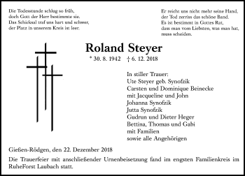 Traueranzeige von Roland Steyer von 560 Gießener Anzeiger