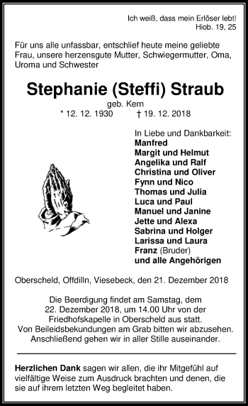 Traueranzeige von Stephanie Straub von 202 Dill Block (120)
