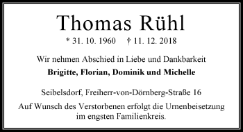 Traueranzeige von Thomas Rühl von VRM Trauer
