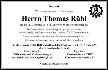 Traueranzeige von Thomas Rühl von VRM Trauer