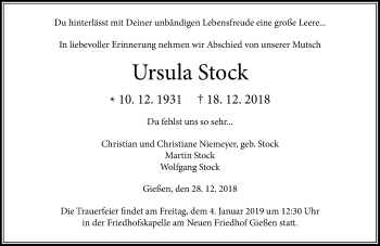 Traueranzeige von Ursula Stock von 560 Gießener Anzeiger