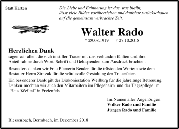 Traueranzeige von Walter Rado von 206 WT - Weilburger Tageblatt (140)