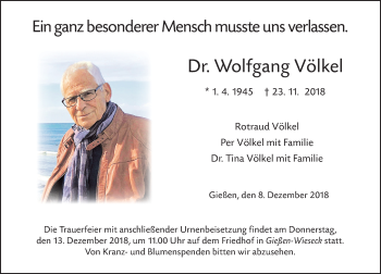 Traueranzeige von Wolfgang Völkel von 560 Gießener Anzeiger