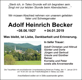 Traueranzeige von Adolf Heinrich Becker von 205 HA - Hinterländer Anzeiger (130)