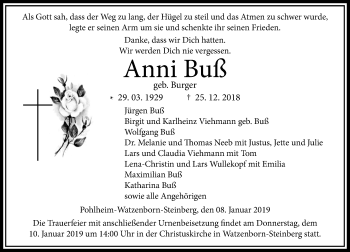 Traueranzeige von Anni Buß von 560 Gießener Anzeiger