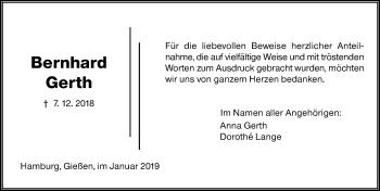 Traueranzeige von Bernhard Gerth von 560 Gießener Anzeiger
