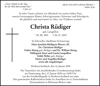 Traueranzeige von Christa Rüdiger von 202 Dill Block (120)