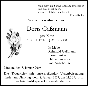 Traueranzeige von Doris Gaßmann von 560 Gießener Anzeiger