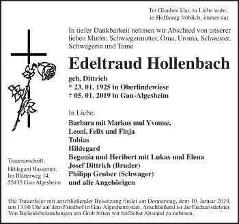 Traueranzeige von Edeltraud Hollenbach von vrm-trauer