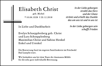 Traueranzeige von Elisabeth Christ von 205 HA - Hinterländer Anzeiger (130) Traueranzeige von Elisabeth Christ von 205 HA - Hinterländer Anzeiger (130)