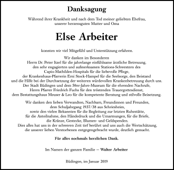 Traueranzeige von Else Arbeiter von 561 Kreisanzeiger