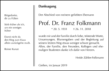 Traueranzeige von Franz Folkmann von 560 Gießener Anzeiger