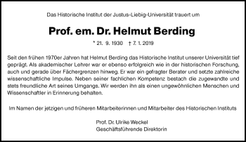 Traueranzeige von Helmut Berding von 560 Gießener Anzeiger