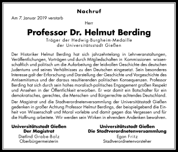 Traueranzeige von Helmut Berding von 560 Gießener Anzeiger