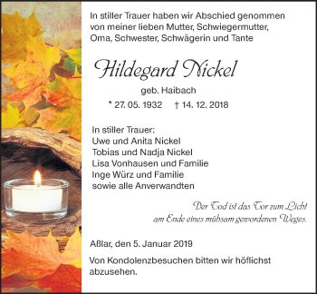 Traueranzeige von Hildegard Nickel von 202 Dill Block (120)