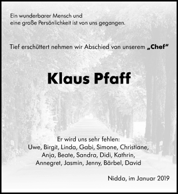 Traueranzeige von Klaus Pfaff von 561 Kreisanzeiger