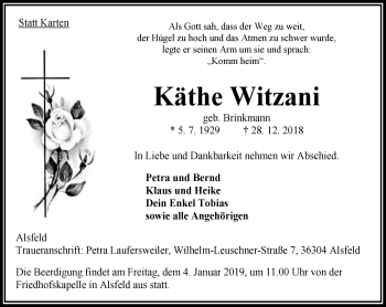 Traueranzeige von Käthe Witzani von VRM Trauer