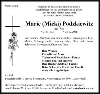 Traueranzeige von Marie Podzkiewitz von VRM Trauer