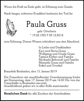 Traueranzeige von Paula Gruss von 201 WNZ - Wetzlarer Neue Zeitung (110)
