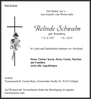Traueranzeige von Relinde Schwalm von VRM Trauer