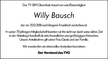 Traueranzeige von Willy Bausch von 564 Usinger Anzeiger