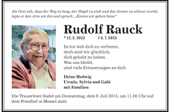 Traueranzeige von Rudolf Rauck von Echo-Zeitungen (Gesamtausgabe)