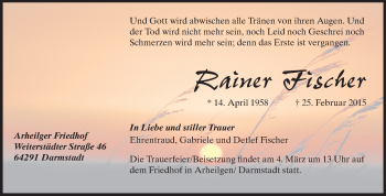 Traueranzeige von Rainer Fischer von Echo-Zeitungen (Gesamtausgabe)