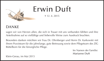 Traueranzeige von Erwin Duft von Rüsselsheimer Echo, Groß-Gerauer-Echo, Ried Echo