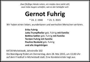 Traueranzeige von Gernot Fuhrig von Odenwälder Echo