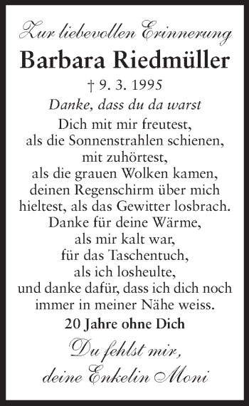 Traueranzeige von Barbara Riedmüller von Echo-Zeitungen (Gesamtausgabe)