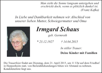 Traueranzeige von Irmgard Schaus von Starkenburger Echo