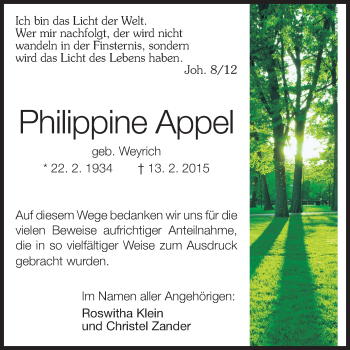 Traueranzeige von Phillipine Appel von Odenwälder Echo