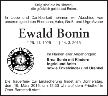 Traueranzeige von Ewald Bonin von Darmstädter Echo, Odenwälder Echo, Rüsselsheimer Echo, Groß-Gerauer-Echo, Ried Echo