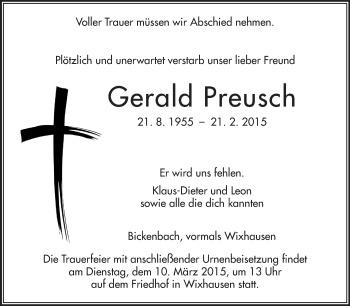 Traueranzeige von Gerald Preusch von Echo-Zeitungen (Gesamtausgabe)