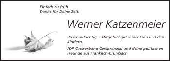 Traueranzeige von Werner Katzenmeier von Odenwälder Echo