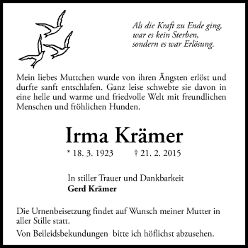Traueranzeige von Irma Krämer von Rüsselsheimer Echo, Groß-Gerauer-Echo, Ried Echo