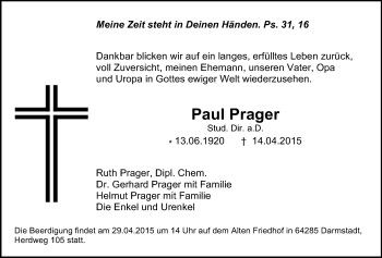 Traueranzeige von Paul Prager von Echo-Zeitungen (Gesamtausgabe)