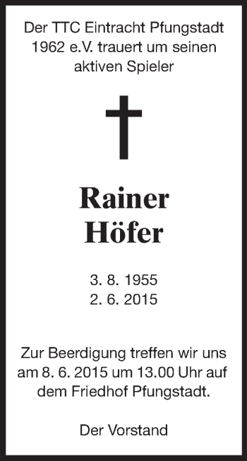Traueranzeige von Rainer Höfer von Echo-Zeitungen (Gesamtausgabe)