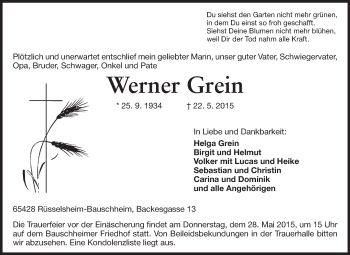 Traueranzeige von Werner Grein von Rüsselsheimer Echo, Groß-Gerauer-Echo, Ried Echo