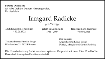 Traueranzeige von Irmgard Radicke von Echo-Zeitungen (Gesamtausgabe)