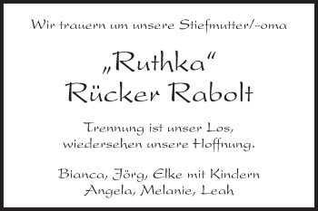 Traueranzeige von Ruthka Rücker Rabolt von Rüsselsheimer Echo, Groß-Gerauer-Echo, Ried Echo