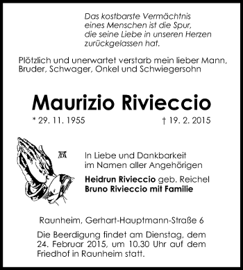 Traueranzeige von Maurizio Rivieccio von Rüsselsheimer Echo, Groß-Gerauer-Echo, Ried Echo