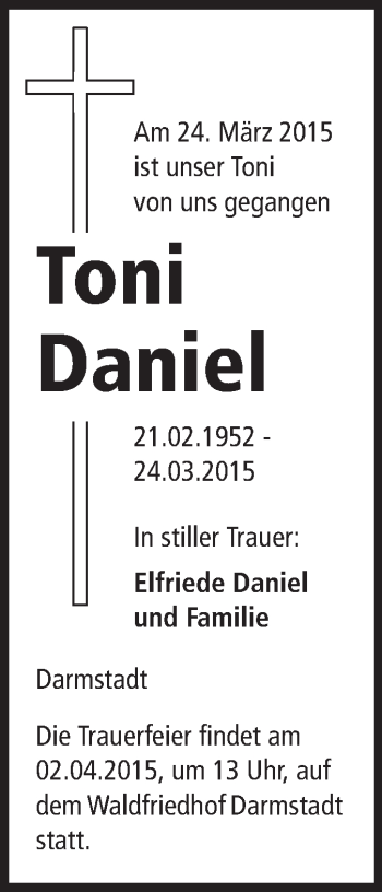 Traueranzeige von Toni Daniel von Echo-Zeitungen (Gesamtausgabe)
